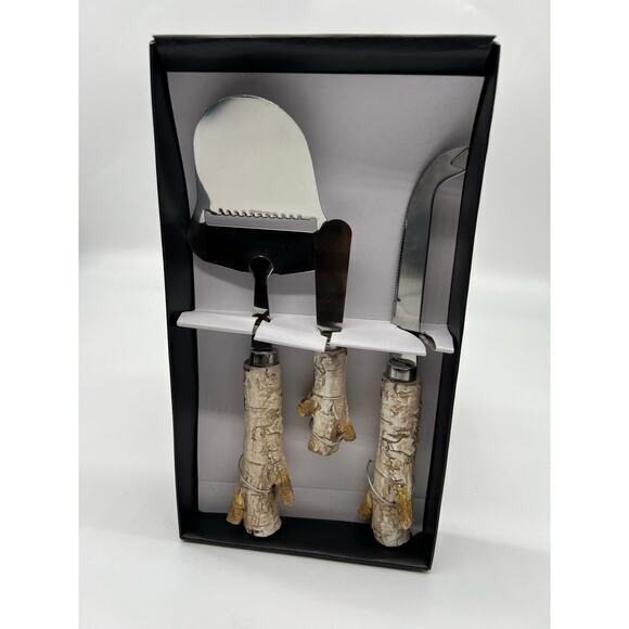 Birch wood 3 piece stainless steel cheese knife and birch wood handles set NEW - Picture 1 of 7